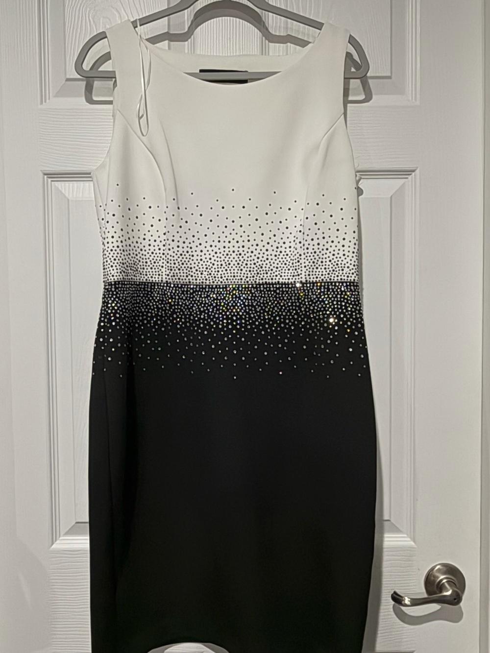 Andrew Marc Black and White Sleeveless Crystal-Studded Sheath Dress